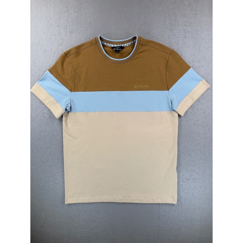 Ben Sherman Mens Small Colorblock T-Shirt Brown Blue Tan Short Sleeve Cotton Tee